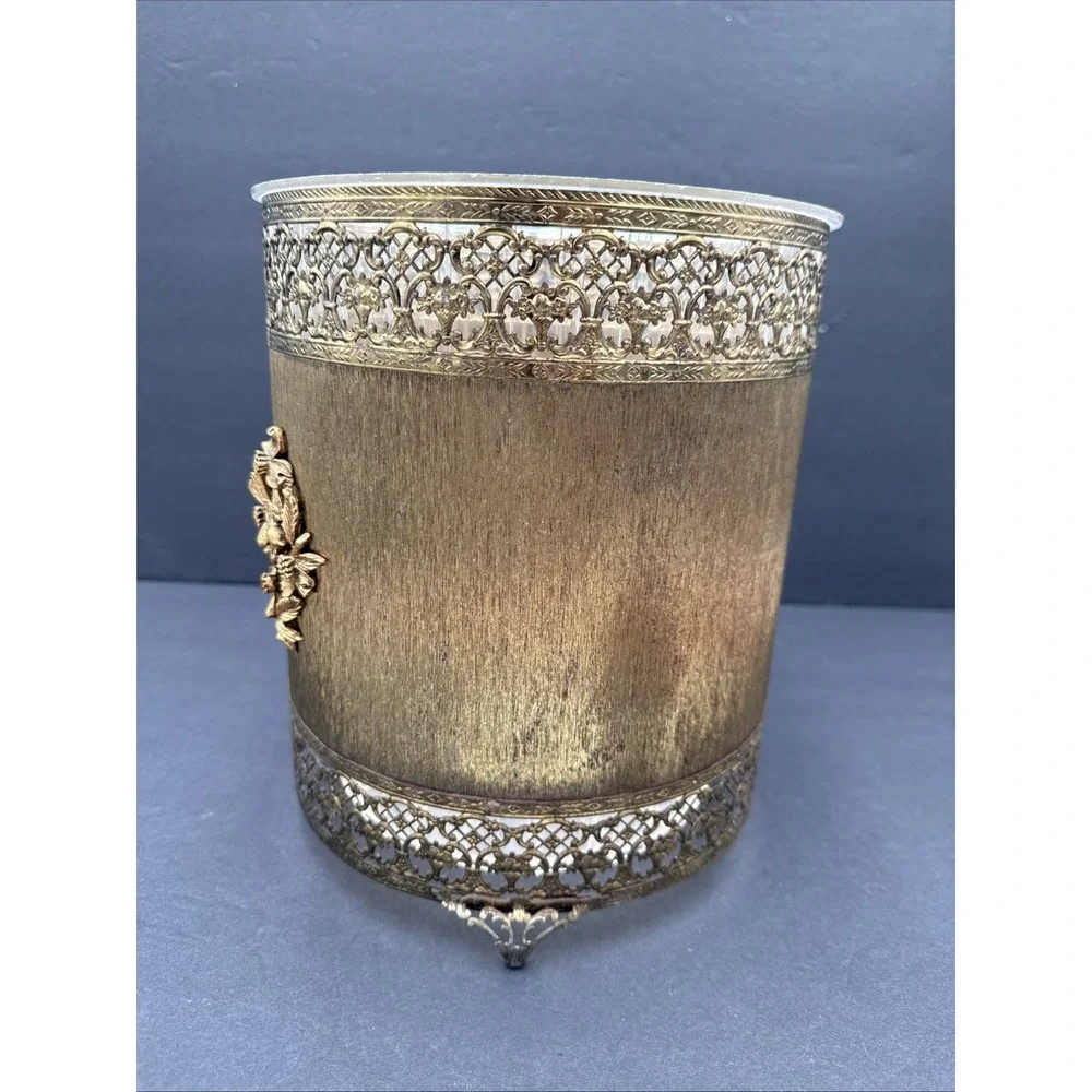 Vtg Hollywood Regency‎ Gold Tone Filigree Trash Basket Can Plastic Liner MCM